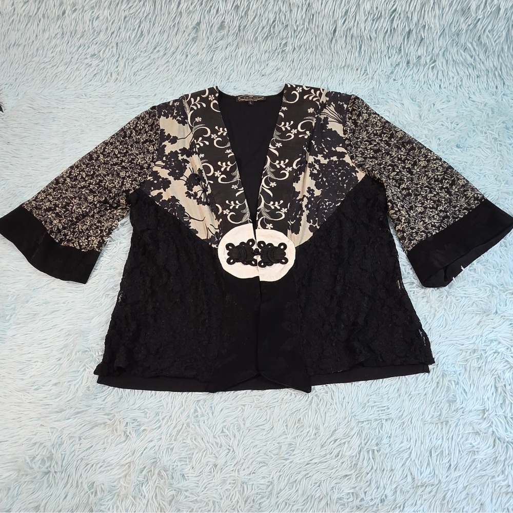 Violet Kay Kimono Top Large Black Lace Floral Brocade Cardigan Jacket Y2K Boho